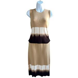 KENAR Two Pieces Set Tan Color With Brown Gradients Top Size M Skirt Size S.